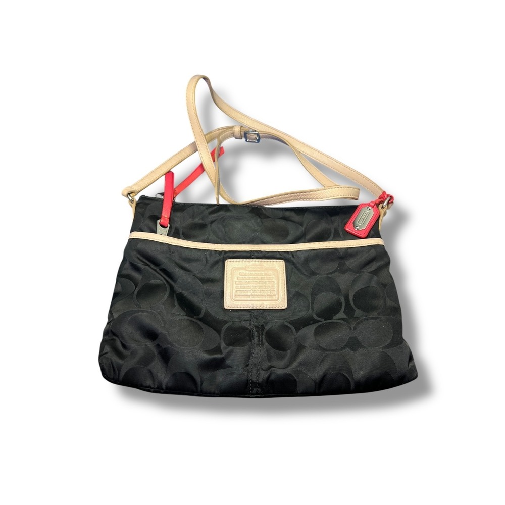 Coach Crossbody Bag Black Signature Jacquard Fabric Beige Leather Trim G1376